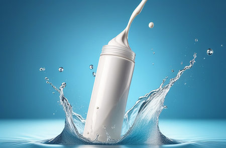 White bottle in splashes of water.の素材
