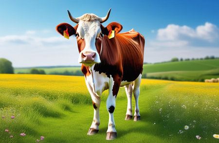 Illustration of a cow grazing on a green meadow.の素材
