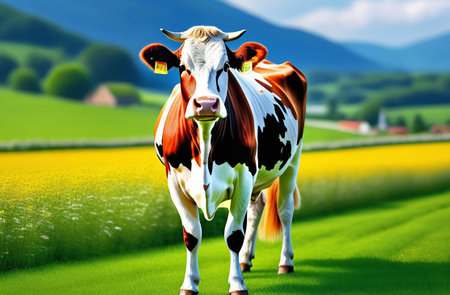 Illustration of a cow grazing on a green meadow.の素材