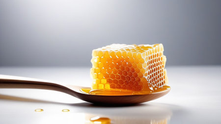 Honeycombs on a wooden spoon.の素材