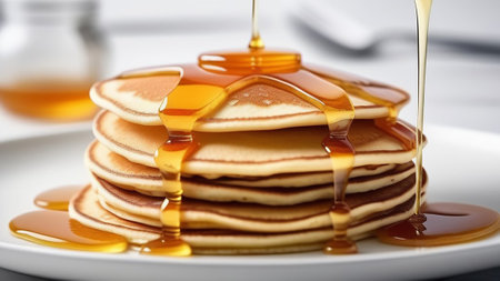 Homemade pancakes with honey and butter.の素材
