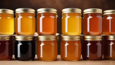 Jars of honey on a wooden table.の素材