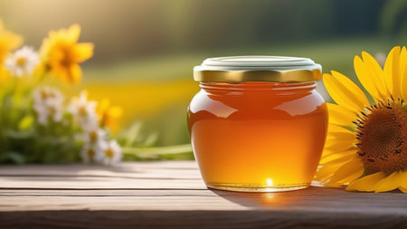 A jar of honey on a wooden table with daisies on a background of a meadow.の素材