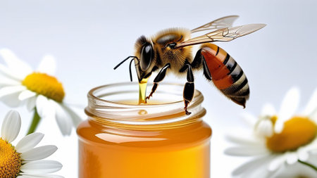 A bee near a jar of honey on a light background.の素材