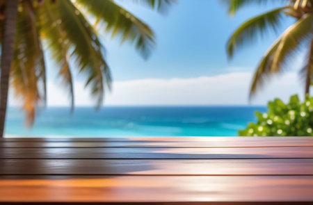 Wooden table overlooking the sea and palm trees.の素材