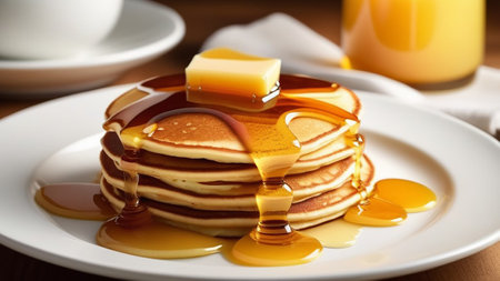 Homemade pancakes with honey and butter.の素材