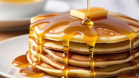 Homemade pancakes with honey and butter.の素材