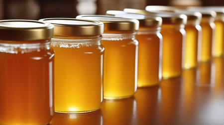 Jars of honey on a wooden table.の素材