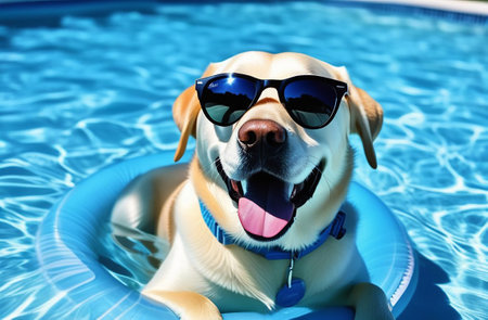 A dog swims in a circle in the pool.の素材