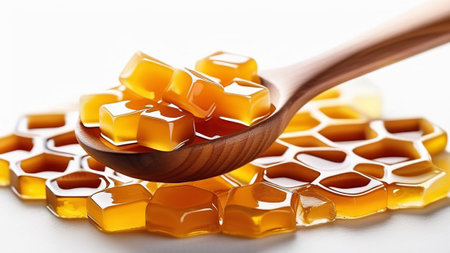 Honey caramels on a wooden spoon.の素材