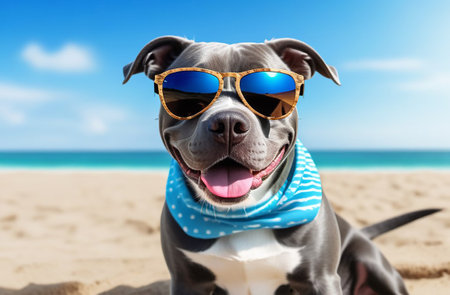 A dog wearing sunglasses on the seashore.の素材
