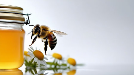 A bee near a jar of honey on a light background.の素材