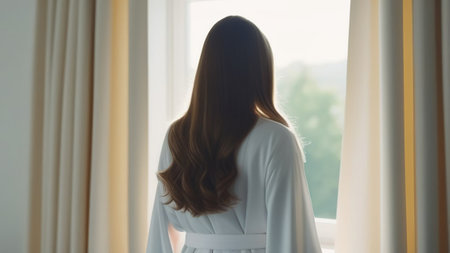 The girl stands near the window, rear view.の素材