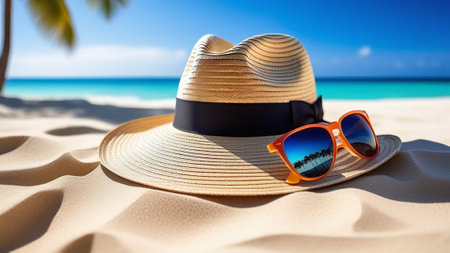 Straw hat and sunglasses on the sand near the sea.の素材