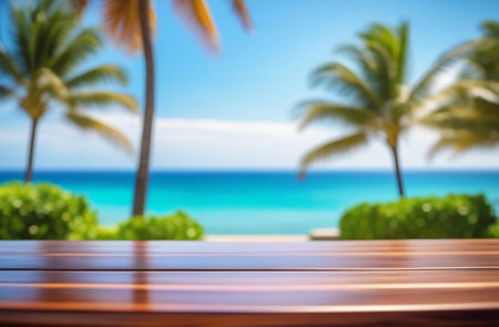 Wooden table overlooking the sea and palm trees.の素材