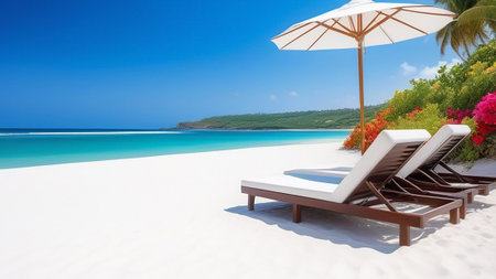 Sun loungers under an umbrella on the sand near the ocean.の素材