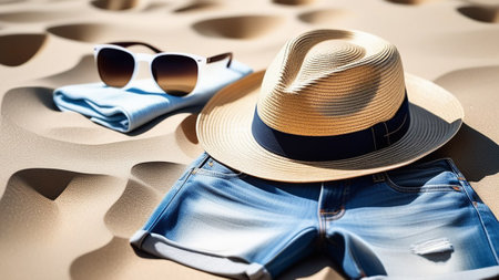 Denim shorts with a straw hat on the sand. The concept of relaxation near the sea.の素材