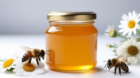 A bee near a jar of honey on a light background.の素材