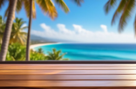 Wooden table overlooking the sea and palm trees.の素材