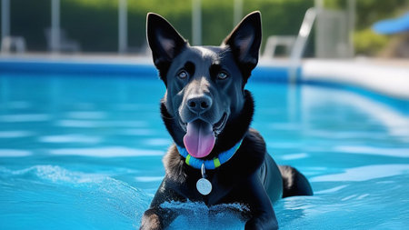 The dog swims in the pool.の素材
