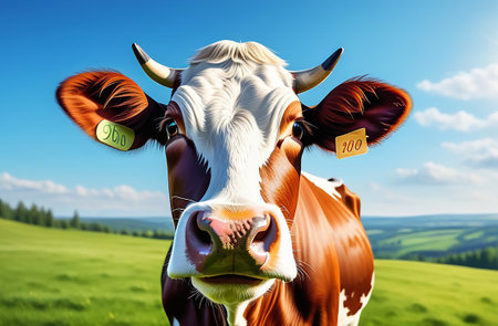 Illustration of a cow grazing on a green meadow.の素材