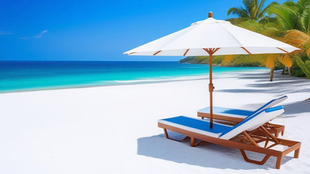 Sun loungers under an umbrella on the sand near the ocean.の素材