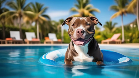 A dog swims in a circle in the pool.の素材