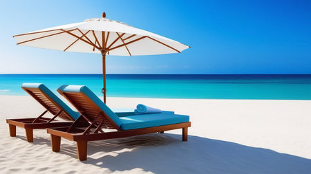 Sun loungers under an umbrella on the sand near the ocean.の素材