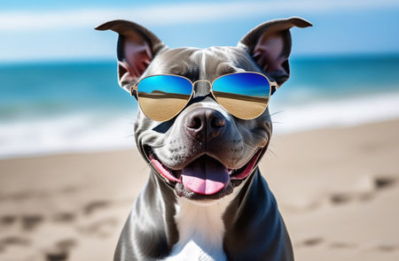 A dog wearing sunglasses on the seashore.の素材