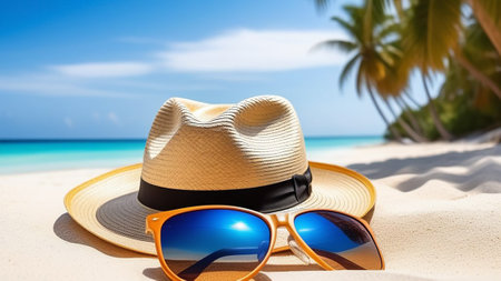 Straw hat and sunglasses on the sand near the sea.の素材