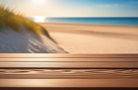 Wooden table overlooking the seaの素材