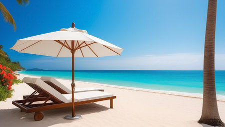 Sun loungers under an umbrella on the sand near the ocean.の素材