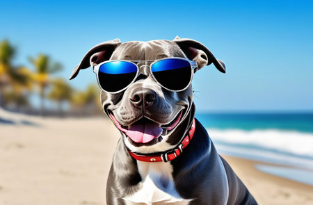 A dog wearing sunglasses on the seashore.の素材