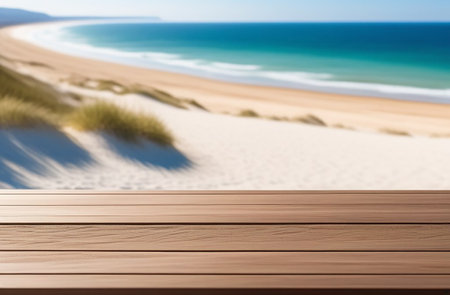 Wooden table overlooking the seaの素材