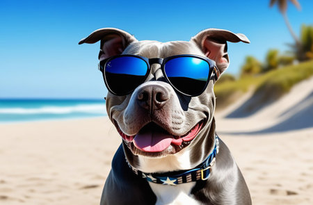 A dog wearing sunglasses on the seashore.の素材