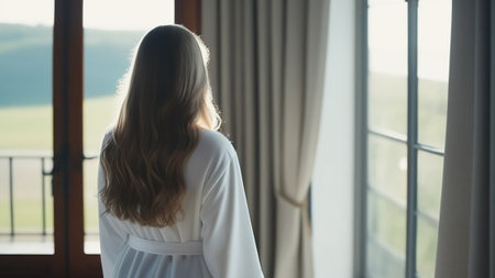 The girl stands near the window, rear view.の素材