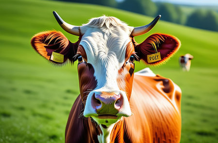 Illustration of a cow grazing on a green meadow.の素材