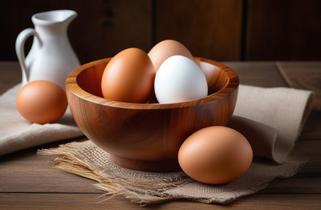 Chicken eggs in a wooden bowl.の素材