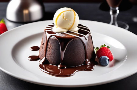 Chocolate fondant with ice cream on a white plate.の素材
