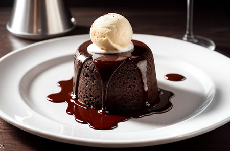 Chocolate fondant with ice cream on a white plate.の素材