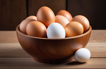 Chicken eggs in a wooden bowl.の素材