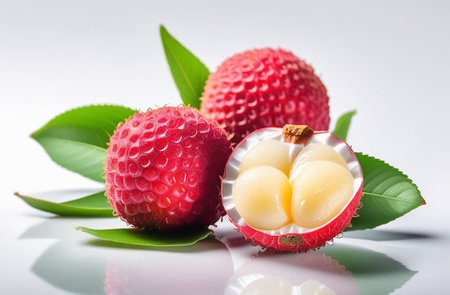 Lychee on a white background with reflection.の素材