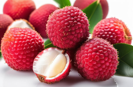 Lychee on a white background with reflection.の素材