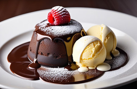 Chocolate fondant with ice cream on a white plate.の素材