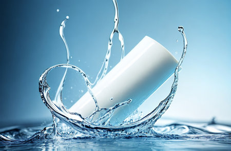 White bottle in splashes of water.の素材