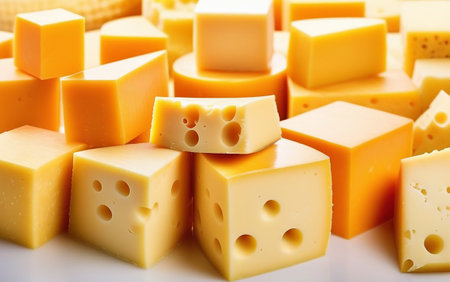 Assortment of cheeses cut into pieces.の素材