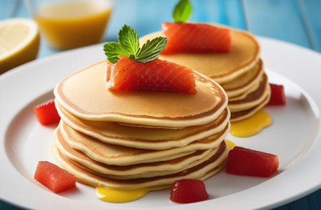 Homemade pancakes with red fish.の素材