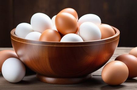 Chicken eggs in a wooden bowl.の素材