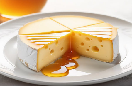 A piece of cheese with honey on a white plate.の素材