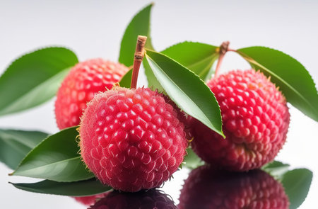 Lychee on a white background with reflection.の素材